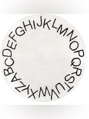 4’ Washable Round Alphabet Rug - Ivory with Black Letters